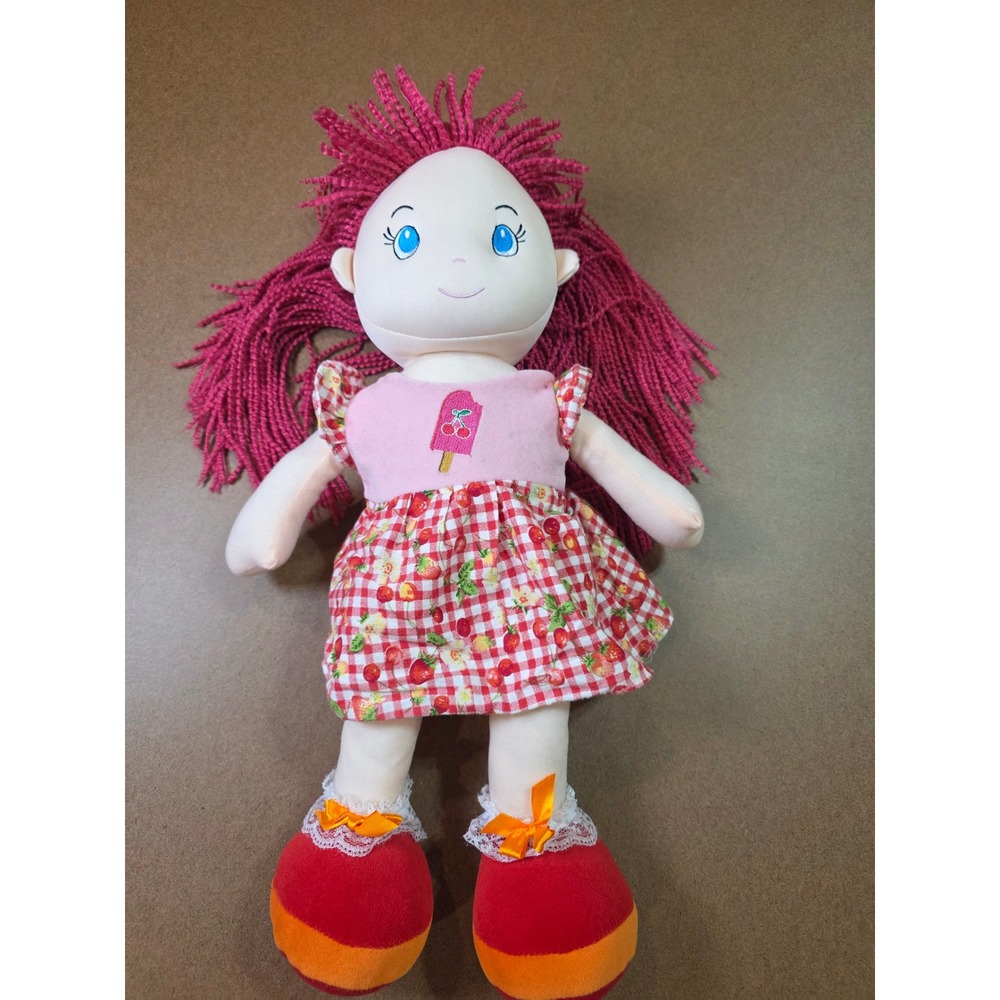 PMT Holdings Soft Plush Rag Doll Magenta Yarn Hair Strawberry Gingham Dress 18"